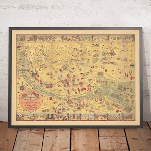 Old Pictorial Map of El Paso & Juarez by Dockum, 1932: Guadalupe Mission, Camino Real, Fort Bliss, Rio Grande, Union Depot