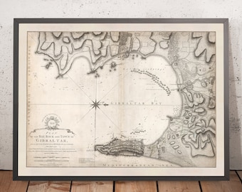 Mapa antiguo de Gibraltar de William Faden, 1775: Puerto de Gibraltar, Bahía Catalana, Punta Europa, el Peñón de Gibraltar, Jardines de la Alameda