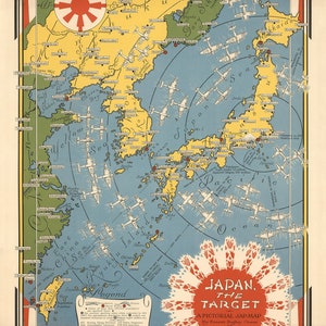 Mapa pictórico Japón, el objetivo de la Segunda Guerra Mundial, 1942 por Ernest Chase Antiguo gráfico de bombardeos de la Segunda Guerra Mundial China, Japón, Corea Enmarcado, Sin marco imagen 2