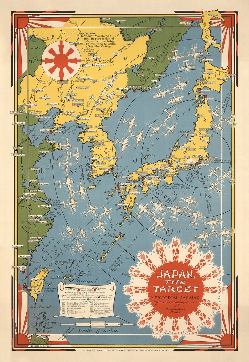 Mapa pictórico Japón, el objetivo de la Segunda Guerra Mundial, 1942 por Ernest Chase Antiguo gráfico de bombardeos de la Segunda Guerra Mundial China, Japón, Corea Enmarcado, Sin marco imagen 2