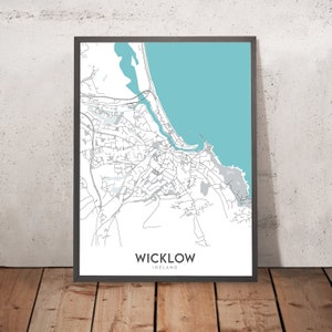 Modern Town Map of Wicklow, Ireland: Wicklow Mountains, Glendalough Valley, Lough Tay, Lough Dan, Vartry Reservoir