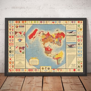 Oude wereldkaart, 1943 - Luchtmachtembleem, insignes, ronde kaart Tweede Wereldoorlog 2 - Luchtmacht- en vliegtuiggeschiedenis - Tweede Wereldoorlog ingelijst, ingelijst