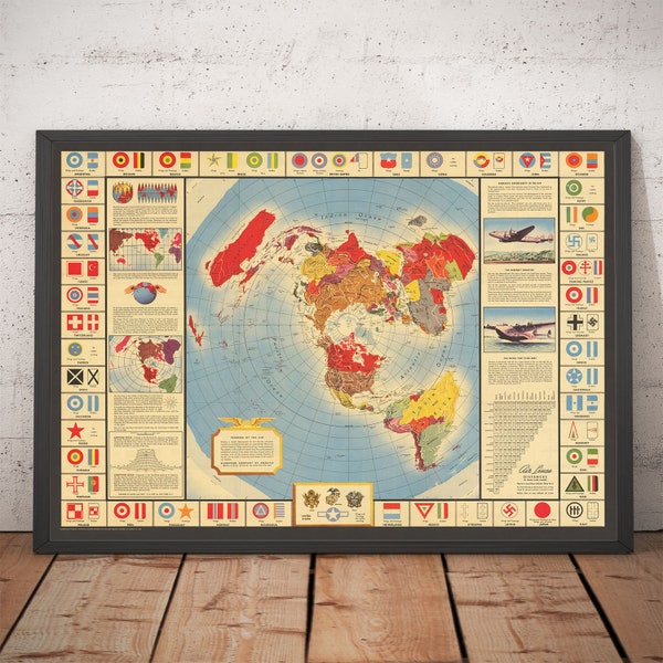 Old World Map, 1943 - World War 2 Air Force Emblem, Insignia, Roundel Chart - Aircraft and Aviation History - WW2 Framed, Unframed