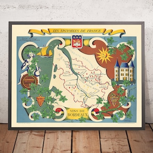 Old Wine Map of Bordeaux by Hetreau, 1954: Bordeaux, Saint-Émilion, Pomerol, Médoc, Garonne