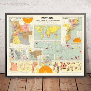 Oude wereldkaart van het Portugese rijk door Manuel Barreira, 1961: koloniaal Mozambique, Azoren, Angola, Kaapverdië, Macau, India