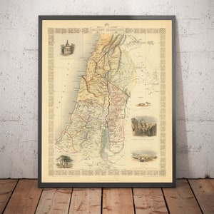 Alte Karte des Palästinas im Jahre 1851 - Heiliges Land, Kanaan, Jerusalem, Judäa, Samaria, Galiläa, Israel, Westjordanland, Gaza - Geschenk mit Rahmen ohne Rahmen