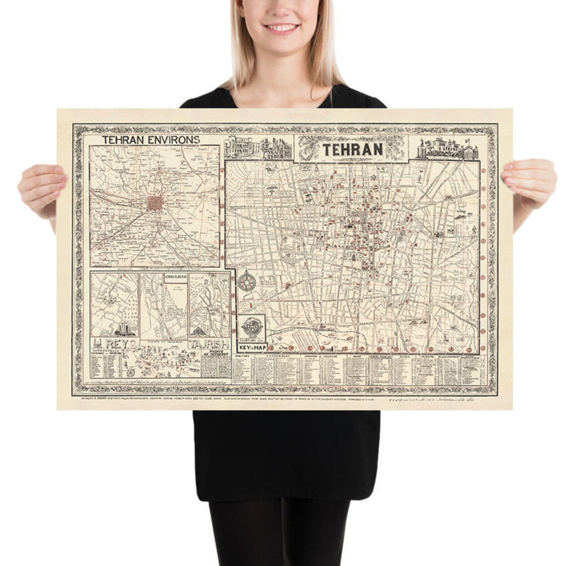 Mehran Sahab Old Map of Tehran by Sahab Abbas, 1956: Mehran, Bazaar, Abouzar ...