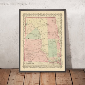 Old Map of North and South Dakota by J.H. Colton, 1873: Sioux Falls, Yankton, Vermillion, Brookings, and Watertown