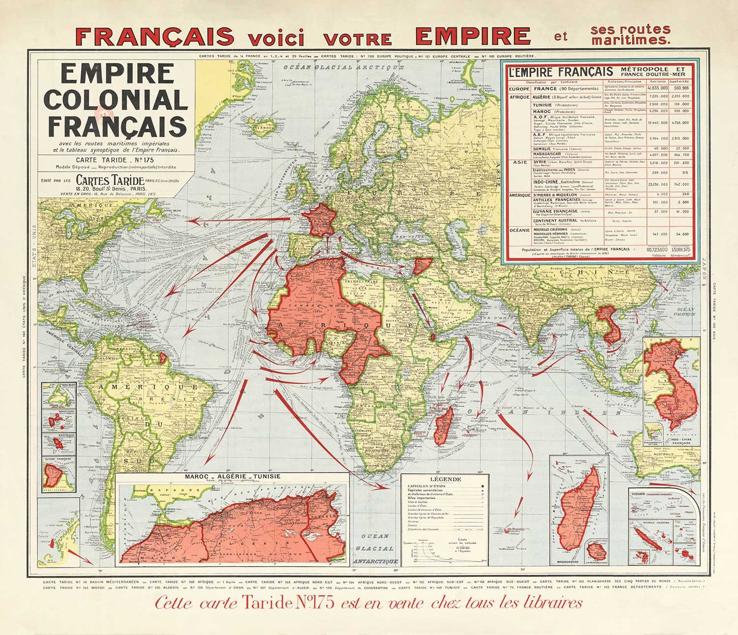 Old Map of the French Colonial Empire, 1938 by Taride - France ...