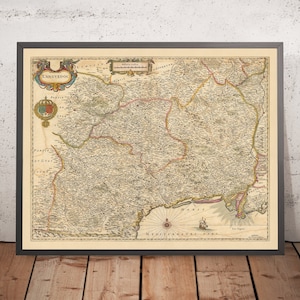 Old Map of Languedoc, France by Visscher, 1690: Toulouse, Montpelier, Perpignan, Avignon, Cévennes National Park
