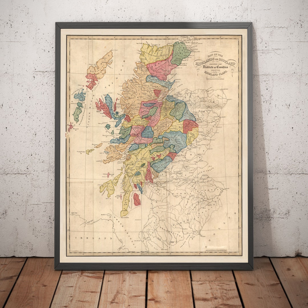Scotland Clan Map Rare Old Colour Map of the Highlands of Scotland by ...