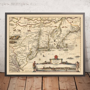Old Map of New Netherland, New England and Part of Virginia by Visscher, 1690: New York, New Amsterdam, Indian Settlements