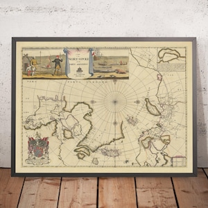 Old Map of the North Pole by Pitt, 1680: Early English Map, Mythical Islands, Frisland, Zeno Map
