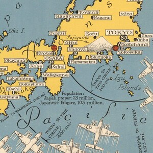 Mapa pictórico Japón, el objetivo de la Segunda Guerra Mundial, 1942 por Ernest Chase Antiguo gráfico de bombardeos de la Segunda Guerra Mundial China, Japón, Corea Enmarcado, Sin marco imagen 3