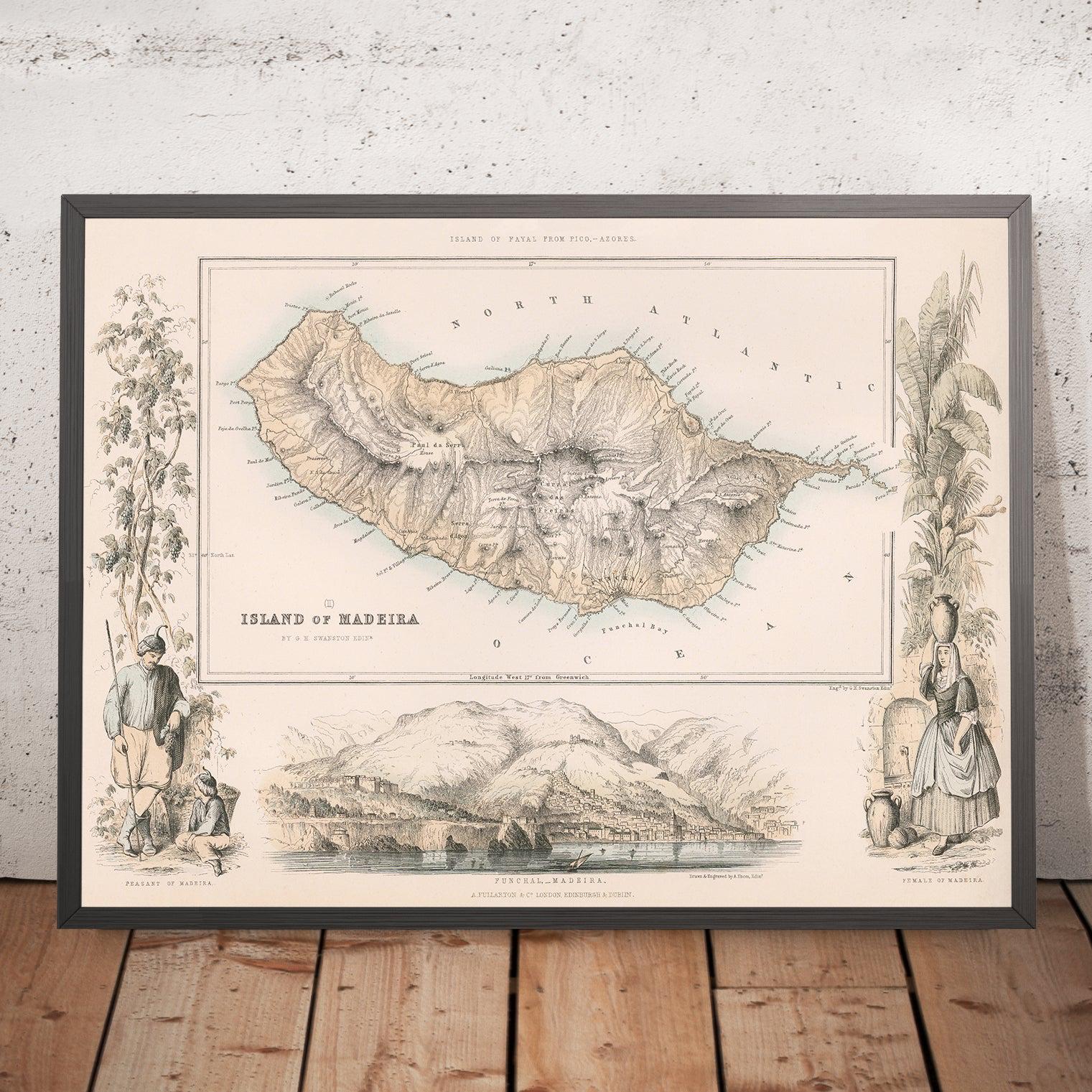 Old Map of Madeira by Fullarton, 1865: Funchal, Pico Ruivo, Funchal Bay, Vignettes, Topography
