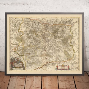 Old Map of Duchy of Lorraine, France by Visscher, 1690: Nancy, Metz, Saarbrücken, Kaiserslauten, Northern Vosges Park