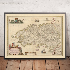 Mapa antiguo de Bretaña de Nicolaes Visscher, 1690: Rennes, Nantes, Brest, Saint-Malo y Vannes