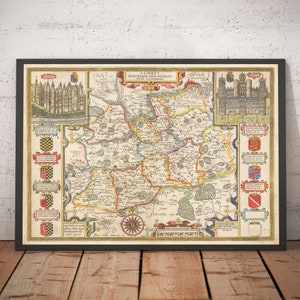 Old Map of Surrey 1611 by John Speed - Woking, Guildford, Croydon, Richmond, Esher, Cobham, Sutton, Morden -  Framed, Unframed