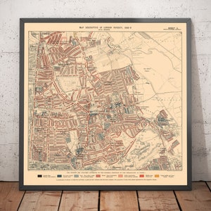 Alte Karte von London Poverty 1898, Nordosten von Booth - Hackney, London Fields, Clapton, Marshes - E5, E8, E9 E3 N16 - Geschenk gerahmt, ungerahmt