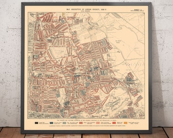 May include: A vintage map of London, England, showing the distribution of poverty in 1899. The map is divided into sections, each colored to indicate the level of poverty in that area. The map is titled "Map Descriptive of London Poverty, 1899-9." and is labeled "Sheet 2."