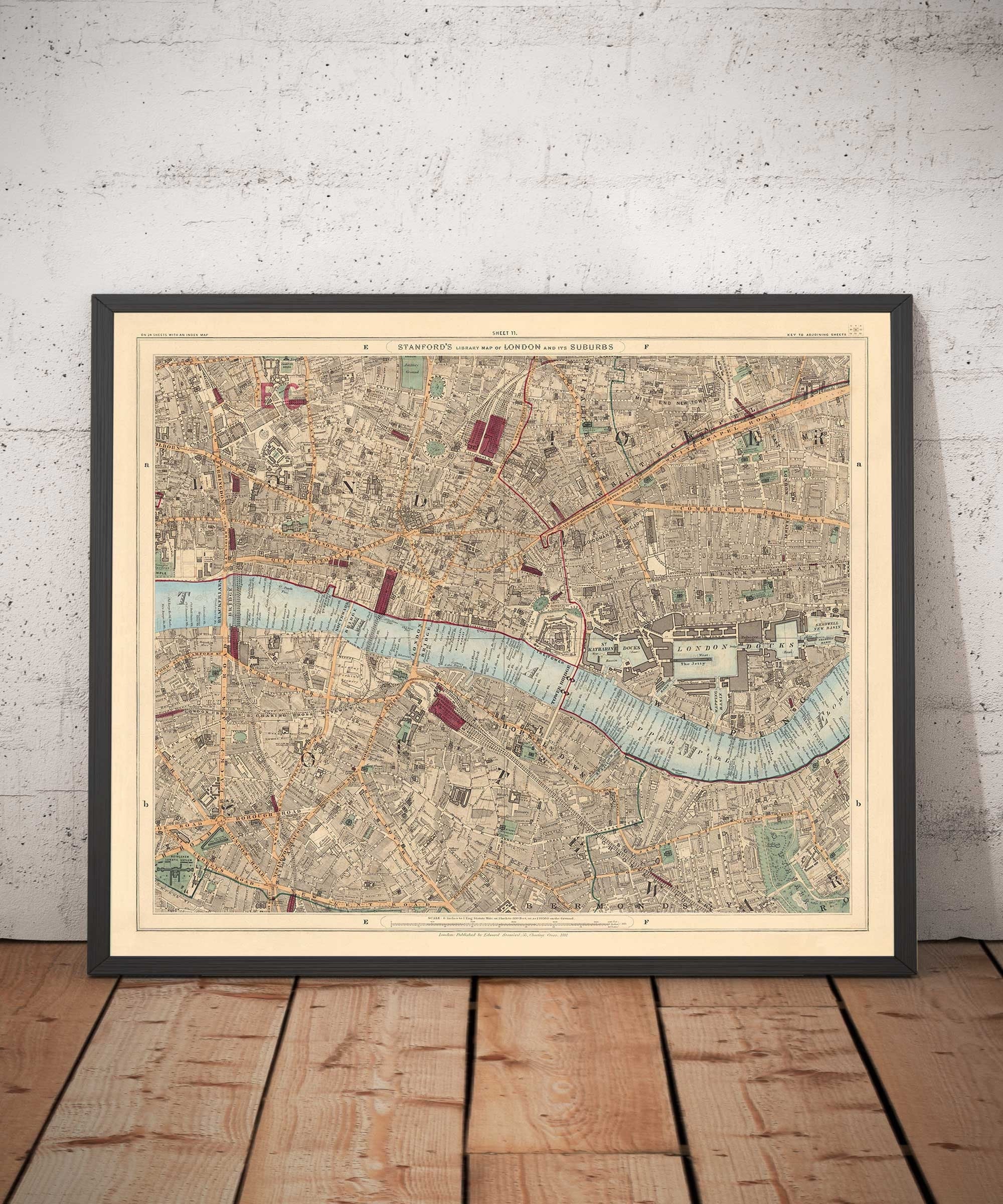 Vecchia mappa della città di Londra, 1891 - London Bridge, St Pauls, Liverpool St, Bank, Finsbury, Southwark - EC1 EC2 EC3 EC4 E1 SE1 - Con cornice a