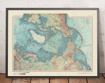 Pode incluir: Um mapa vintage da região ártica, impresso em tons de azul, verde e marrom. O mapa mostra o Oceano Ártico, as massas de terra circundantes e as principais características geográficas. O título "The Arctic" está impresso no canto superior direito.