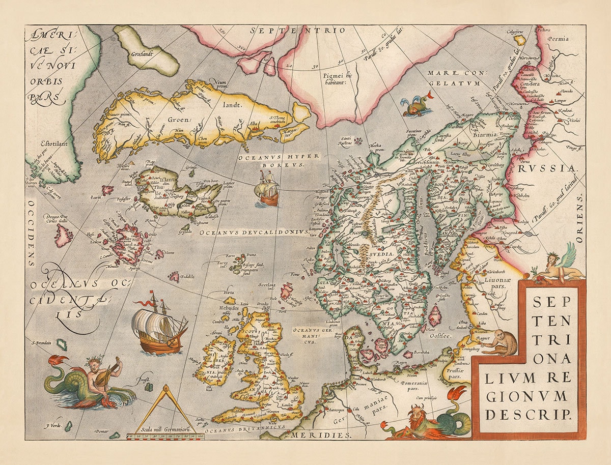 Old Map of North Sea and Atlantic, 1575 with Mythical Frisland
