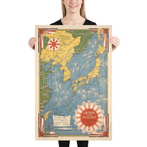 Mapa pictórico Japón, el objetivo de la Segunda Guerra Mundial, 1942 por Ernest Chase Antiguo gráfico de bombardeos de la Segunda Guerra Mundial China, Japón, Corea Enmarcado, Sin marco imagen 4