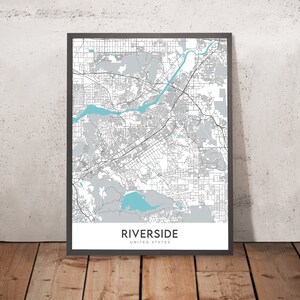May include: A black and white map of Riverside, California, with the city name and "United States" printed below the map.