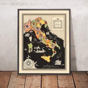 Old Pictorial Map of Italy's Regional Capitals, 1938: City Coat of Arms, Roma, Milano, Firenze, Venezia, Napoli, etc.