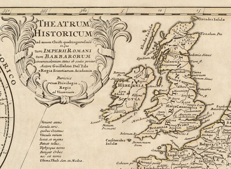 May include: A vintage map of the British Isles, featuring detailed borders of the kingdoms of Scotland, Ireland, and England. The map is titled "Theatrum Historicum" and includes the text "ad annum Christi quadringentelimu in que tum Imperii Romani tum Barbarorum circumincolentium status ob oculos penitur. Autore Guillelmo Del 'Isle e Regia Scientiarum Academia. Parisiis cum Privilegio Regis ad Vicennium."