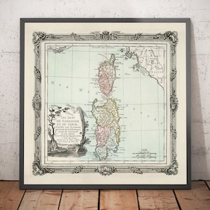 Old Map of Sardinia & Corsica in 1786 by Louis Charles Desnos - Sassari, Cagliari, Porto-Vecchio, Bastia, Oristano - Framed, Unframed