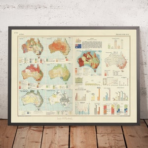 Old Infographic Map of Australia, 1967: Agriculture, Geology, Employment, Climate, Groundwater, Foreign Trade