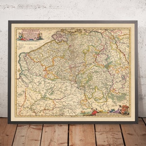 Old Map of Royal Belgium by Visscher, 1690: Brussels, Ghent, Antwerp, Lille, Caps et Marais d'Opale Park