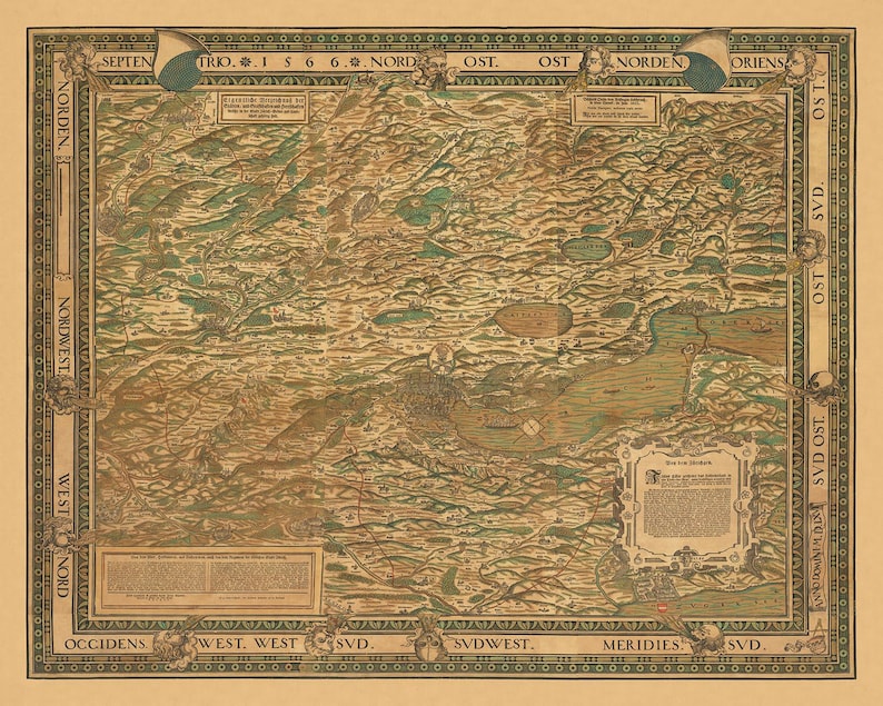 Old Colour Map of the Canton of Zurich by Murer, 1566: Winterthur, Lake ...