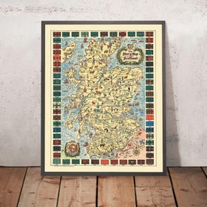 Old Pictorial Map of Scotland, 1935: Edinburgh, Glasgow, Castles, Tartans, Historical Figures