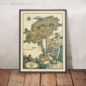 Old Map of Ibiza and Formentera, 1934: Pictorial Chart of Tourist Attractions, Landmarks, Mediterranean