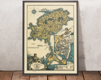 Old Map of Ibiza and Formentera, 1934: Pictorial Chart of Tourist Attractions, Landmarks, Mediterranean