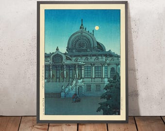 Evening Moon at Honganji Temple in Tsukiji by Hasui Kawase 1935