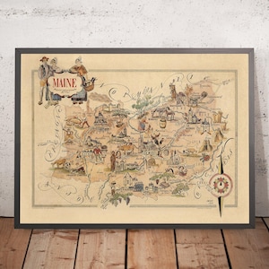 Old Pictorial Map of Maine, France by Liozu, 1951: Le Mans, Laval, Château-Gontier, La Flèche, Mayenne