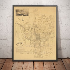 Mapa antigo raro de Austin, Texas, em 1891 - Planta urbana muito antiga, Capitólio estadual, proprietários de terras, ferrovia, barragem, UT Austin - Presente emoldurado ou sem moldura