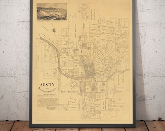 Rare Old Map of Austin, Texas in 1891 - Very Early City Plan, State Capitol, Landowners, Railroad, Dam, UT Austin - Framed, Unframed Gift