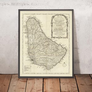 Old Map of Barbados by Jefferys, 1750: Parishes, Sugar Mills, Churches, Rivers, Forts