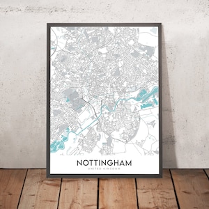 Modern City Map of Nottingham, UK: City Centre, Castle, Cathedral, Trent Bridge, Sherwood Forest
