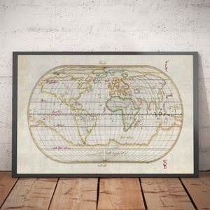 Oude Arabische wereldkaart in 1525 door Piri Reis - Noord-Amerika, Zuid-Amerika, Europa, Afrika, Azië, ingelijst, ingelijst