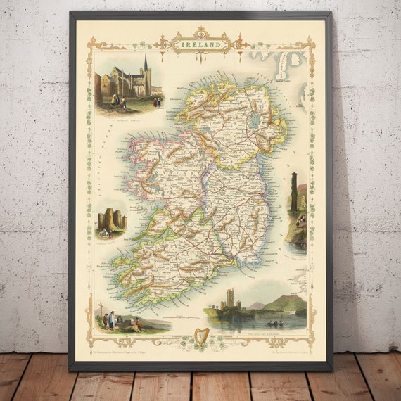 Old Map of Ireland, Eire 1851 by Tallis & Rapkin Provinces, Cities