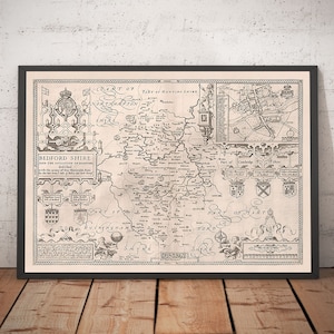 Old Map of Bedfordshire 1611, John Speed - Bedford, Luton, Dunstable, St Neots, Kempston, Leighton Buzzard - Monochrome Framed Unframed Gift