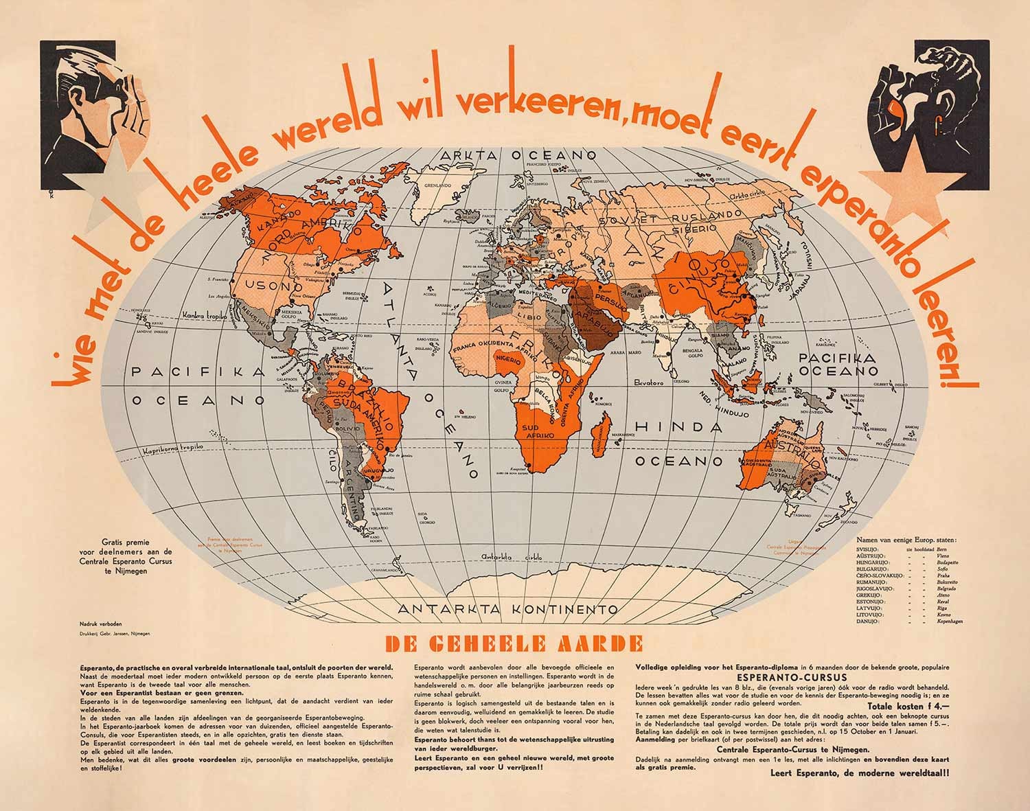 Old Esperanto World Map, 1930 - International Auxiliary Language