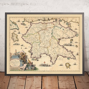 Old Map of Peloponnese, Greece by Visscher, 1690: Patras, Zakinthos, Kalamata, Nafplion, Saronic Islands