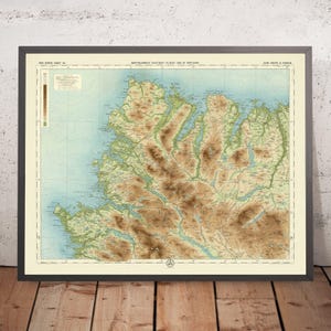 May include: A vintage map of the Northwest Highlands of Scotland, showing the terrain with brown, green, and blue colours. The map is titled "Bartholomew's Half-Inch to Mile Map of Scotland" and includes a scale and compass.